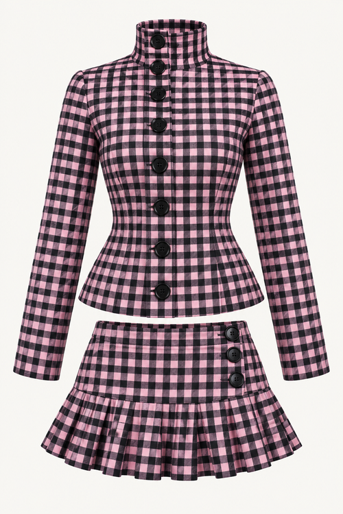 Pink Gingham Button-Up Skirt Set