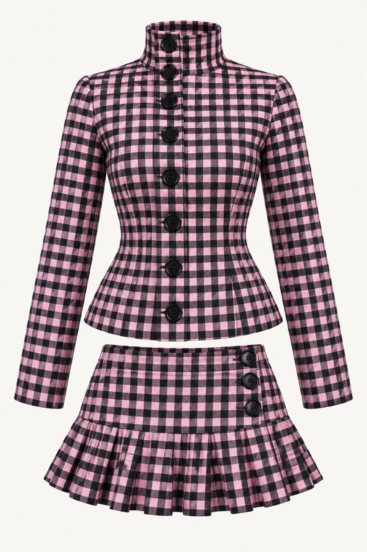 Pink Gingham Button-Up Skirt Set